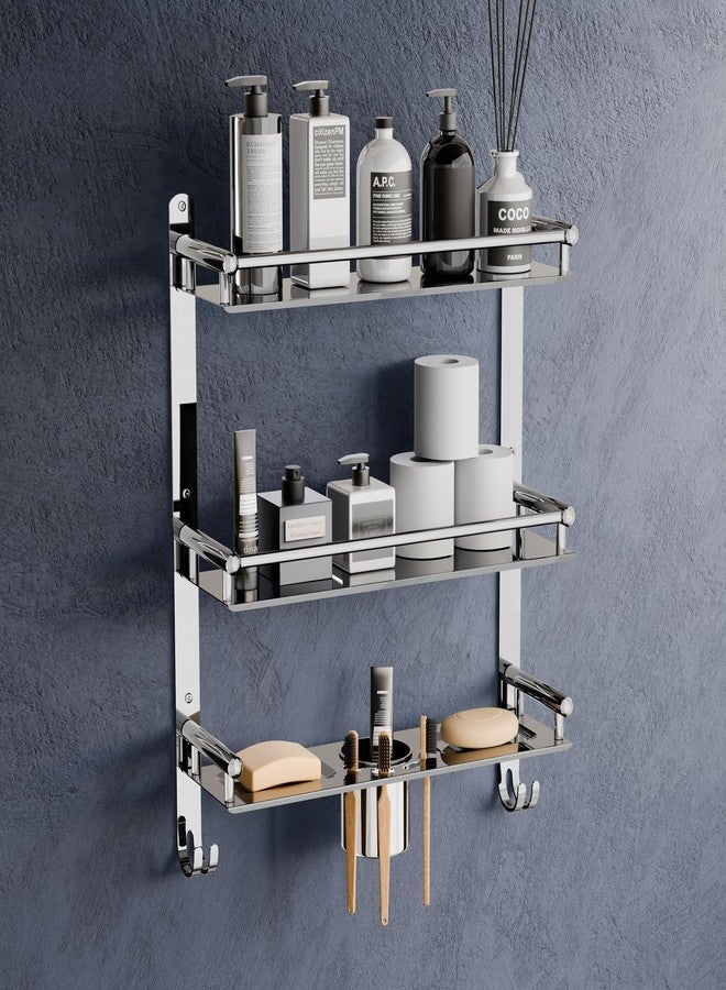 Nexanest Space Saving Stainless Steel Organiser Bathroom Shelf Rack | 3-Tier Bathroom Accessories with Towel Holder, Dual Hooks, Soap Dish, Toothbrush Holder | Wall Mounted Organizer for Modern Bathroom - Image 1