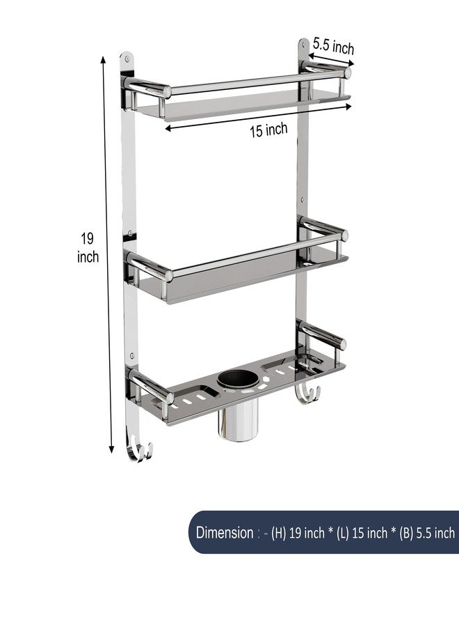 Nexanest Space Saving Stainless Steel Organiser Bathroom Shelf Rack | 3-Tier Bathroom Accessories with Towel Holder, Dual Hooks, Soap Dish, Toothbrush Holder | Wall Mounted Organizer for Modern Bathroom - Image 5