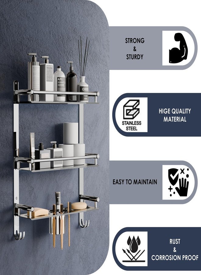 Nexanest Space Saving Stainless Steel Organiser Bathroom Shelf Rack | 3-Tier Bathroom Accessories with Towel Holder, Dual Hooks, Soap Dish, Toothbrush Holder | Wall Mounted Organizer for Modern Bathroom - Image 2