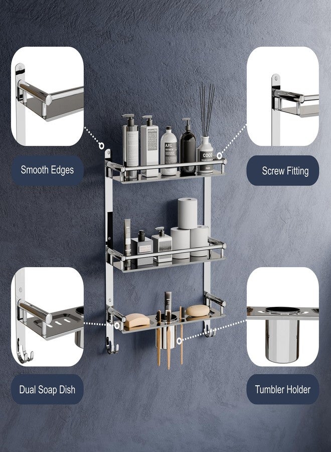 Nexanest Space Saving Stainless Steel Organiser Bathroom Shelf Rack | 3-Tier Bathroom Accessories with Towel Holder, Dual Hooks, Soap Dish, Toothbrush Holder | Wall Mounted Organizer for Modern Bathroom - Image 3