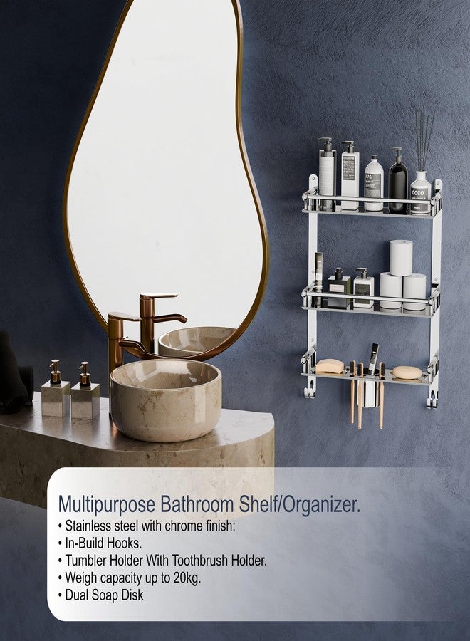 Nexanest Space Saving Stainless Steel Organiser Bathroom Shelf Rack | 3-Tier Bathroom Accessories with Towel Holder, Dual Hooks, Soap Dish, Toothbrush Holder | Wall Mounted Organizer for Modern Bathroom - Image 4