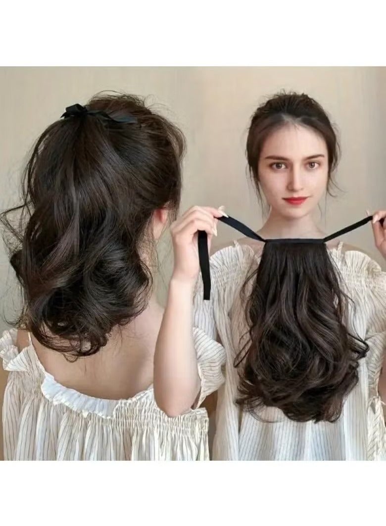 Generic Ponytail With Ribbon Ties Wrapped Around Curly Wavy Ponytail Extensions Synthetic Hair Extensions Elegant For Daily Use Hair Accessories dark brown - Image 5