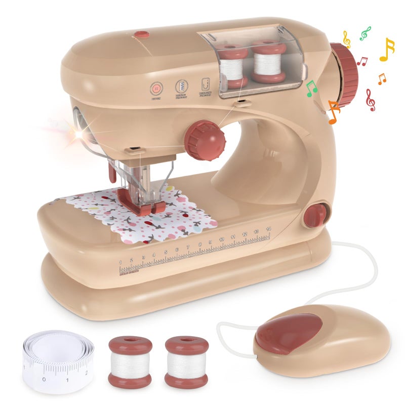deAO Sewing Machine for BeginnersSewing Machine Toy with Lights and Music Mini Sewing Machine with Stitch Applications Sewing Kit for Kids Ages 3 Pretend Play Arts and Crafts Toys Khaki - Image 3