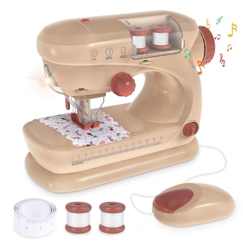 deAO Sewing Machine for BeginnersSewing Machine Toy with Lights and Music Mini Sewing Machine with Stitch Applications Sewing Kit for Kids Ages 3 Pretend Play Arts and Crafts Toys Khaki - Image 1