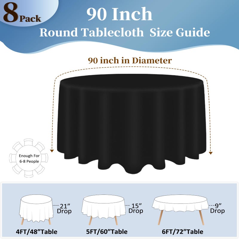 pepmily 8 Pack Black Round Tablecloths 90 Inch Table Round Table Cloth, Wrinkle Resistant Washable Polyester Fabric Table Cloth Table Cover for Dining Banquet Wedding Party - Image 2