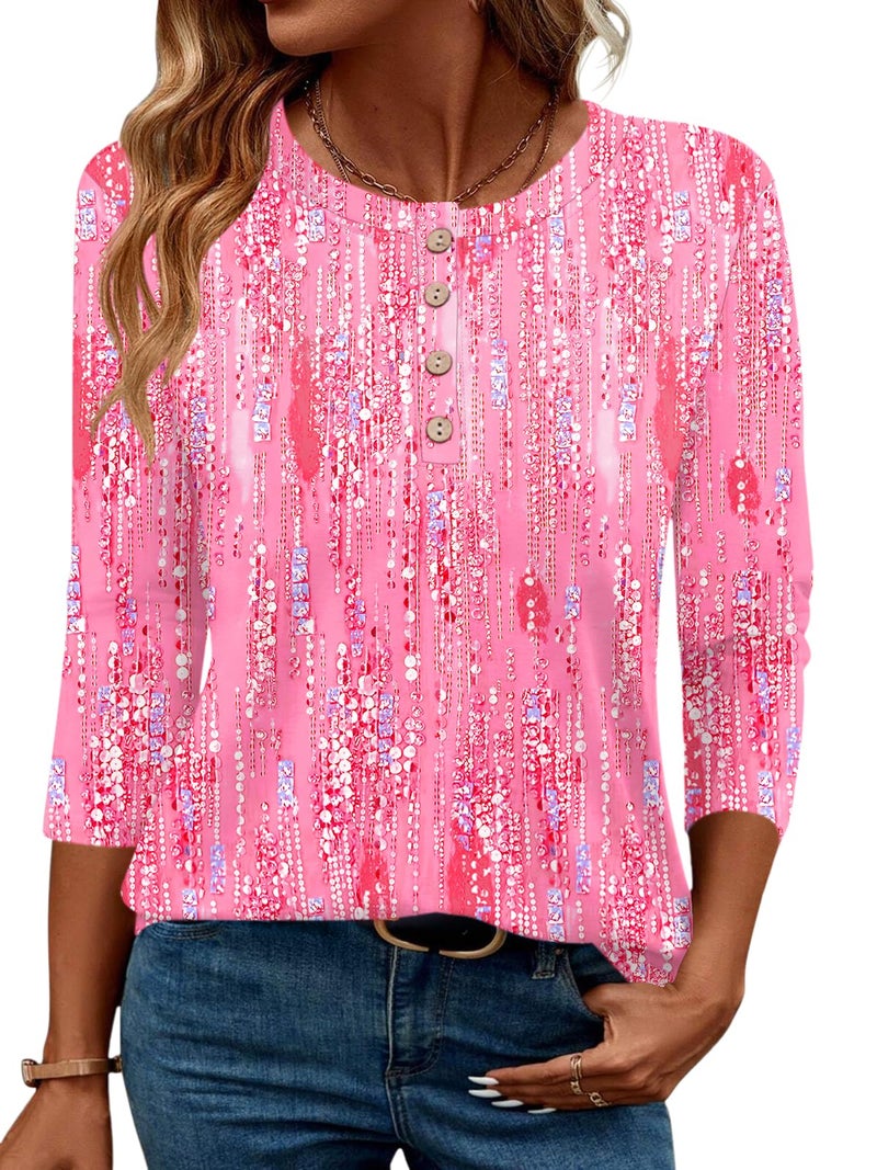 LOMON Women Blouses 3/4 Length Sleeve Round Neck Tunic Shirt Spring Summer Casual Basic Tops(Rose Crystal Stripes,M) - Image 1