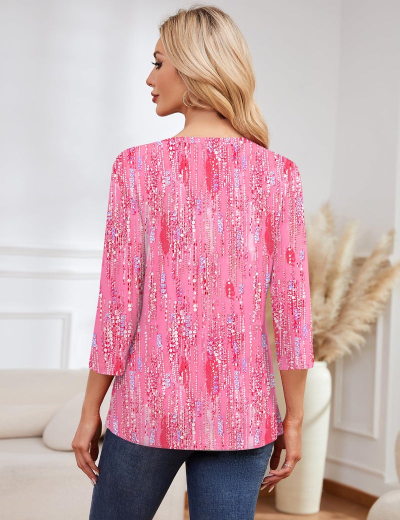 LOMON Women Blouses 3/4 Length Sleeve Round Neck Tunic Shirt Spring Summer Casual Basic Tops(Rose Crystal Stripes,M) - Image 5