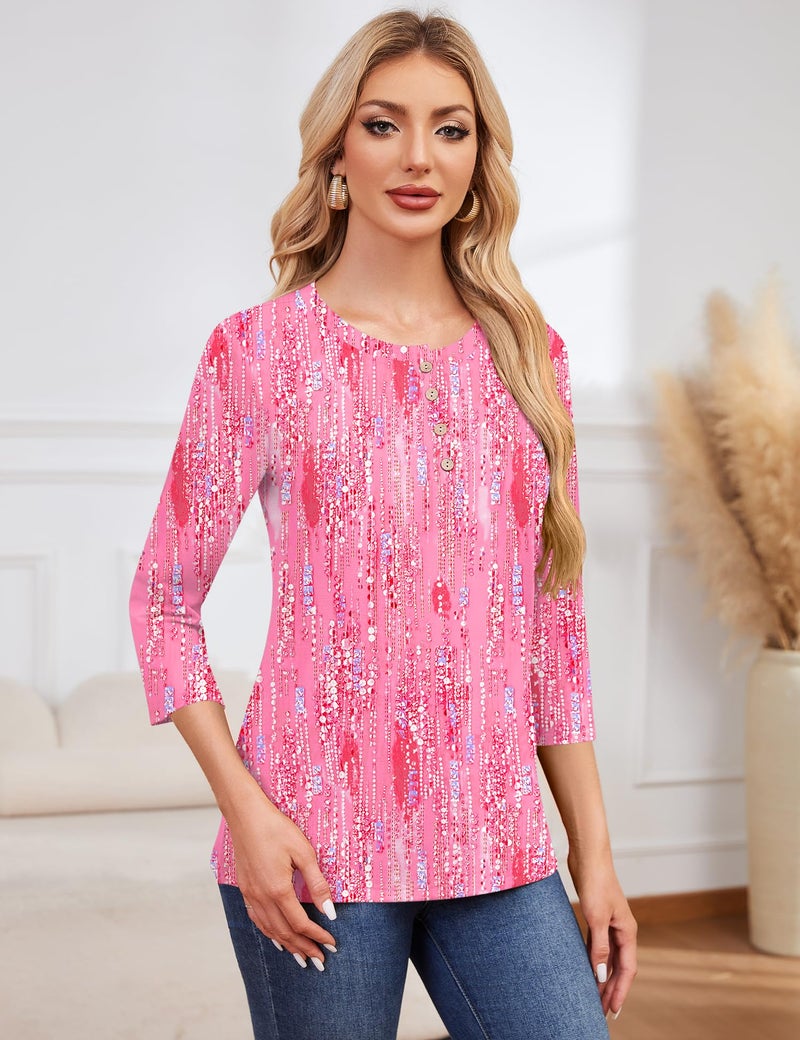 LOMON Women Blouses 3/4 Length Sleeve Round Neck Tunic Shirt Spring Summer Casual Basic Tops(Rose Crystal Stripes,M) - Image 4