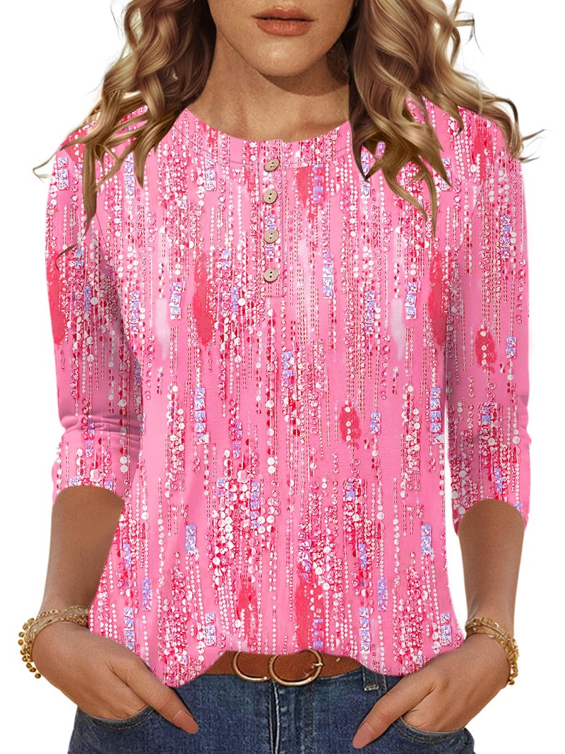 LOMON Women Blouses 3/4 Length Sleeve Round Neck Tunic Shirt Spring Summer Casual Basic Tops(Rose Crystal Stripes,M) - Image 2