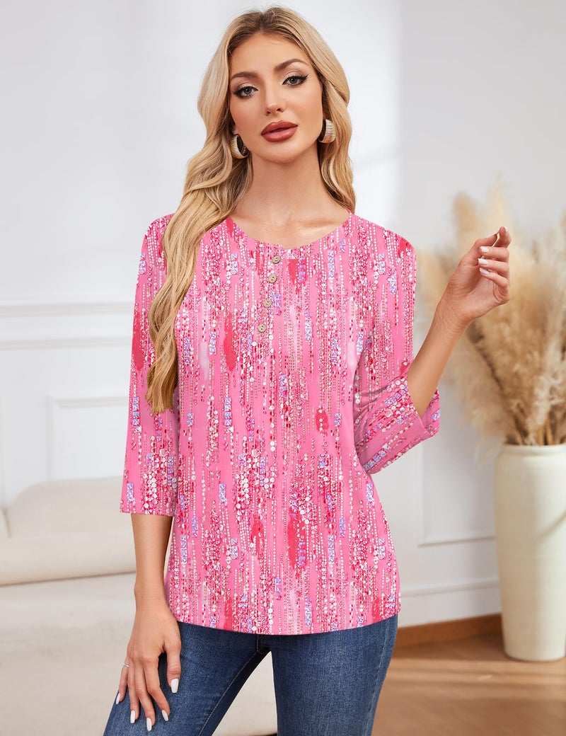 LOMON Women Blouses 3/4 Length Sleeve Round Neck Tunic Shirt Spring Summer Casual Basic Tops(Rose Crystal Stripes,M) - Image 3