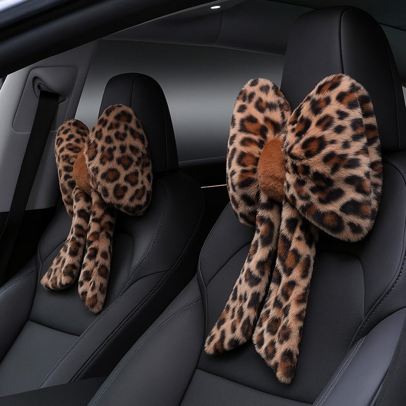 Macarrie 2 Pcs Car Neck Pillow Plush Butterfly Bow Car Headrest Pillow Comfortable Seat Neck Support Cute Head Rest Accessories for Driving Travel Driver Chair Girl Style Interior Decor (Leopard) - Image 1