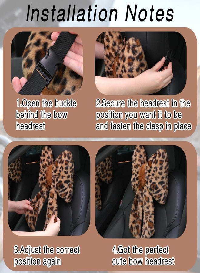 Macarrie 2 Pcs Car Neck Pillow Plush Butterfly Bow Car Headrest Pillow Comfortable Seat Neck Support Cute Head Rest Accessories for Driving Travel Driver Chair Girl Style Interior Decor (Leopard) - Image 3