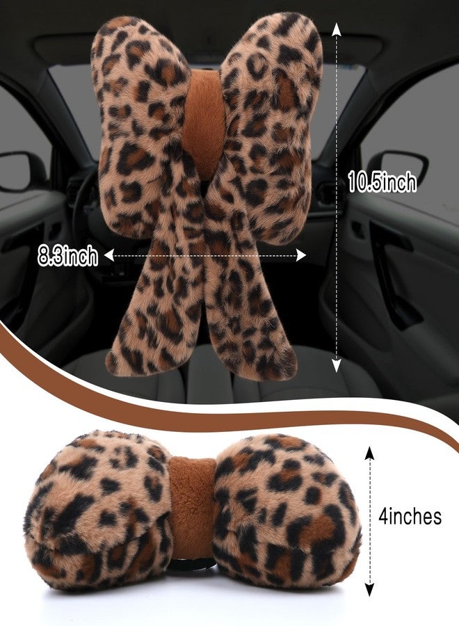 Macarrie 2 Pcs Car Neck Pillow Plush Butterfly Bow Car Headrest Pillow Comfortable Seat Neck Support Cute Head Rest Accessories for Driving Travel Driver Chair Girl Style Interior Decor (Leopard) - Image 2