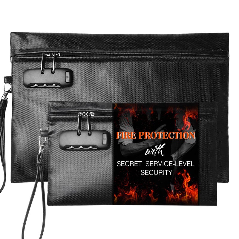 CarryWise Fireproof Document Bag Set with Lock, 2 Pcs Money Box for Cash & Passport, 6200Â°F Fire Proof Bag for Documents 14"x9.8" & 10.6" x 6.7", Fireproof Document Safe, Waterproof Money Bags Pouch with Zipper - Image 1