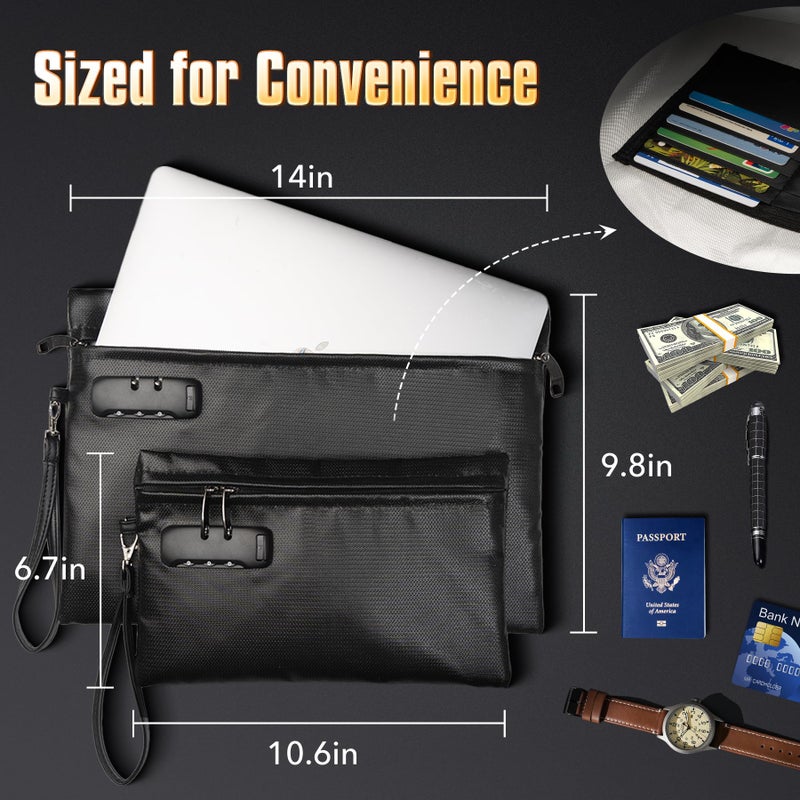 CarryWise Fireproof Document Bag Set with Lock, 2 Pcs Money Box for Cash & Passport, 6200Â°F Fire Proof Bag for Documents 14"x9.8" & 10.6" x 6.7", Fireproof Document Safe, Waterproof Money Bags Pouch with Zipper - Image 5