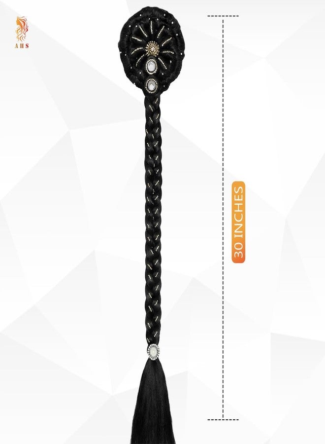 AHS Juda Choti Hair Accessories for Women & Girls | Long Synthetic Hair Braid with Stone Work | Designer Bridal Wedding & Festive Hair Extension | Black - Image 3