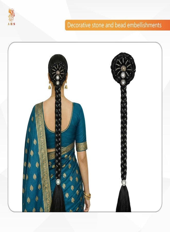AHS Juda Choti Hair Accessories for Women & Girls | Long Synthetic Hair Braid with Stone Work | Designer Bridal Wedding & Festive Hair Extension | Black - Image 5
