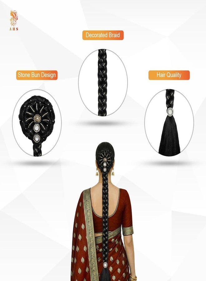 AHS Juda Choti Hair Accessories for Women & Girls | Long Synthetic Hair Braid with Stone Work | Designer Bridal Wedding & Festive Hair Extension | Black - Image 2