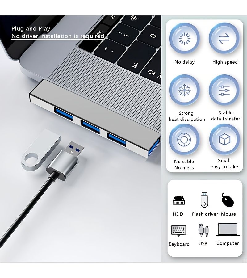 موصل USB 3.0 فضي مدمج مع تصميم موفر للمساحة، مناسب للكمبيوتر والتابلت ولوحة المفاتيح والفأرة. - Image 4