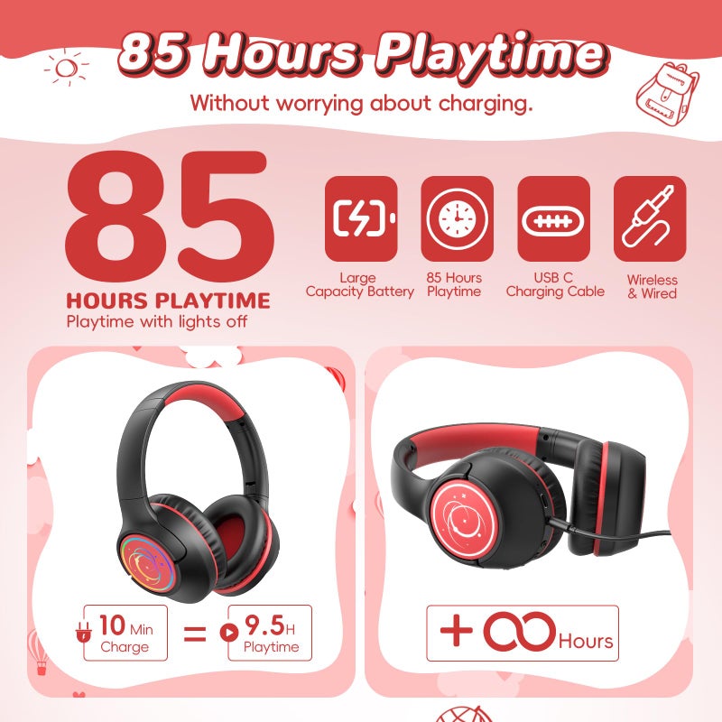 Botesty Sound Kids Bluetooth Headphones, 85H Wireless Headphones for Kids, Colorful LED Lights, 85/94dB Safe Volume Limit, Bluetooth 5.4, Over Ear Toddler Headsets with Built-in Mic for Tablets Airplane,Black - Image 2