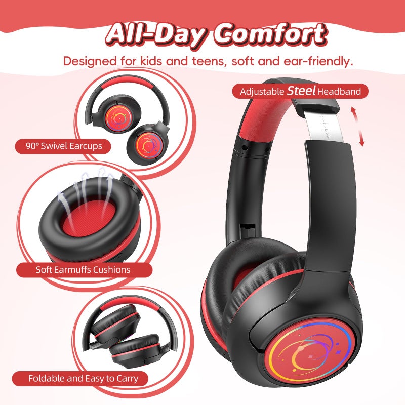 Botesty Sound Kids Bluetooth Headphones, 85H Wireless Headphones for Kids, Colorful LED Lights, 85/94dB Safe Volume Limit, Bluetooth 5.4, Over Ear Toddler Headsets with Built-in Mic for Tablets Airplane,Black - Image 5