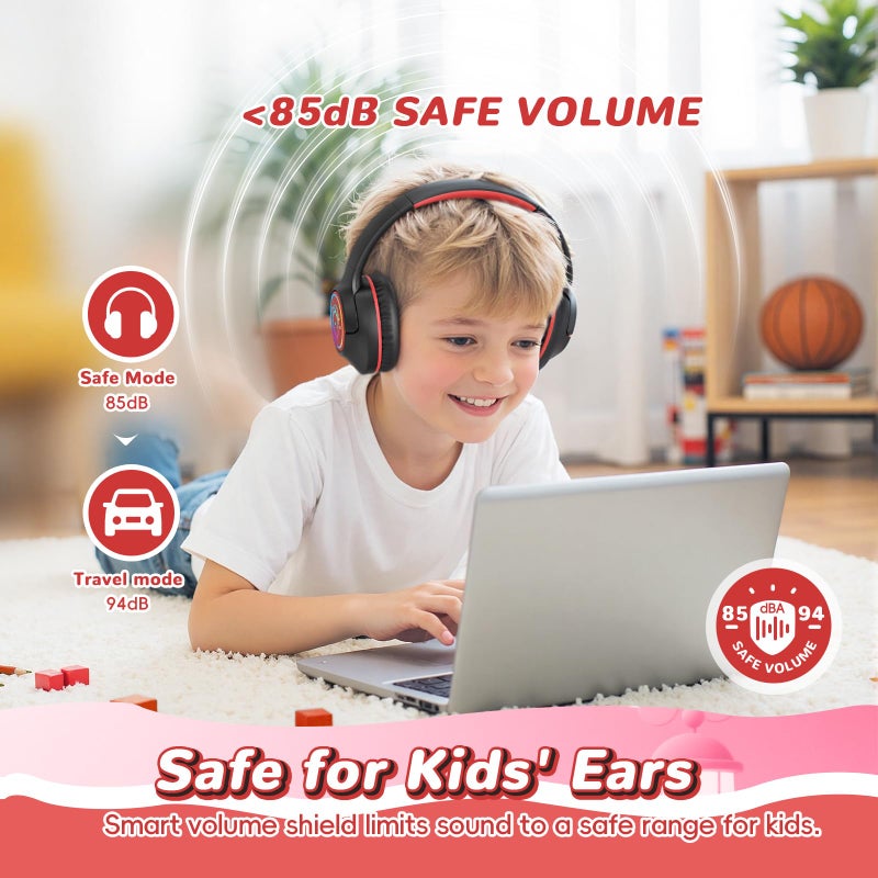 Botesty Sound Kids Bluetooth Headphones, 85H Wireless Headphones for Kids, Colorful LED Lights, 85/94dB Safe Volume Limit, Bluetooth 5.4, Over Ear Toddler Headsets with Built-in Mic for Tablets Airplane,Black - Image 4