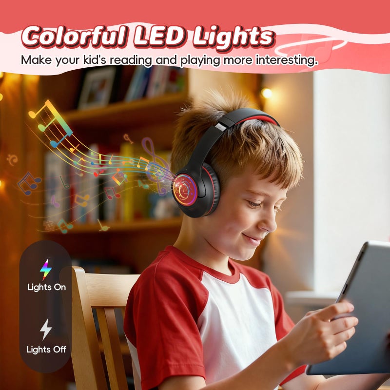 Botesty Sound Kids Bluetooth Headphones, 85H Wireless Headphones for Kids, Colorful LED Lights, 85/94dB Safe Volume Limit, Bluetooth 5.4, Over Ear Toddler Headsets with Built-in Mic for Tablets Airplane,Black - Image 3