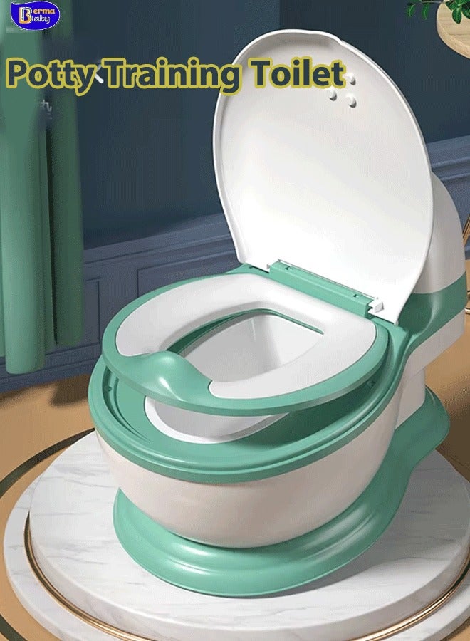 Berma Baby مرحاض تدريب على استخدام المرحاض بحجم طفل، مرحاض واقعي للتدريب على استخدام المرحاض، كرسي مرحاض للأطفال الصغار مع مقعد ناعم، وعاء مرحاض قابل للإزالة، موزع مناديل المرحاض وواقي من الرذاذ، غير قابل للانزلاق للأطفال الصغار والرضع والأطفال، أخضر - Image 1