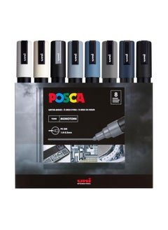 POSCA Markers Set, 8 Medium Paint Markers 5M - Mono Tones - White, Ivory, Silver, Grey, Slate Grey, Deep Grey, Navy Blue, Black  - Image 1