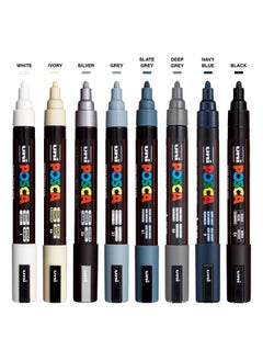 POSCA Markers Set, 8 Medium Paint Markers 5M - Mono Tones - White, Ivory, Silver, Grey, Slate Grey, Deep Grey, Navy Blue, Black  - Image 2
