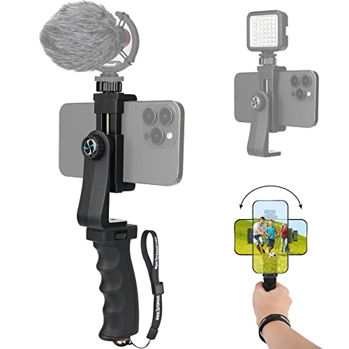 Fantaseal Ergonomic Anti-Falling Cell Phone Vlogging Hand Grip Stabilizer Smartphone Holder Rig Mount Video Kit w/Safety Strap Portable Selfie Stick for iPhone Samsung (Landscape+Portrait)-Mic/Light Adapter - Image 1