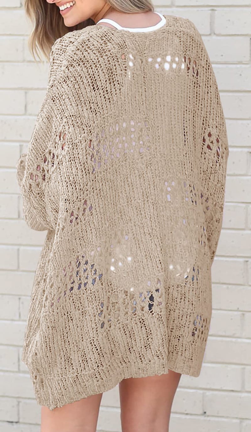 Ermonn Womens Crochet Cardigan Sweater Kimonos Boho Solid Color Oversized Spring Open Front Outwear - Image 3