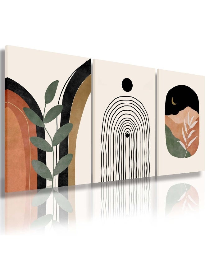 YongArt Boho Wall Art Prints Set of 3, Boho Wall Decor, Mid Century Modern Prints Sun Moon Leaf Mountain Canvas Wall Painting, Neutral Abstract Geometric Prints Canvas Artwork Prints for Bedroom Bathroom - Image 1