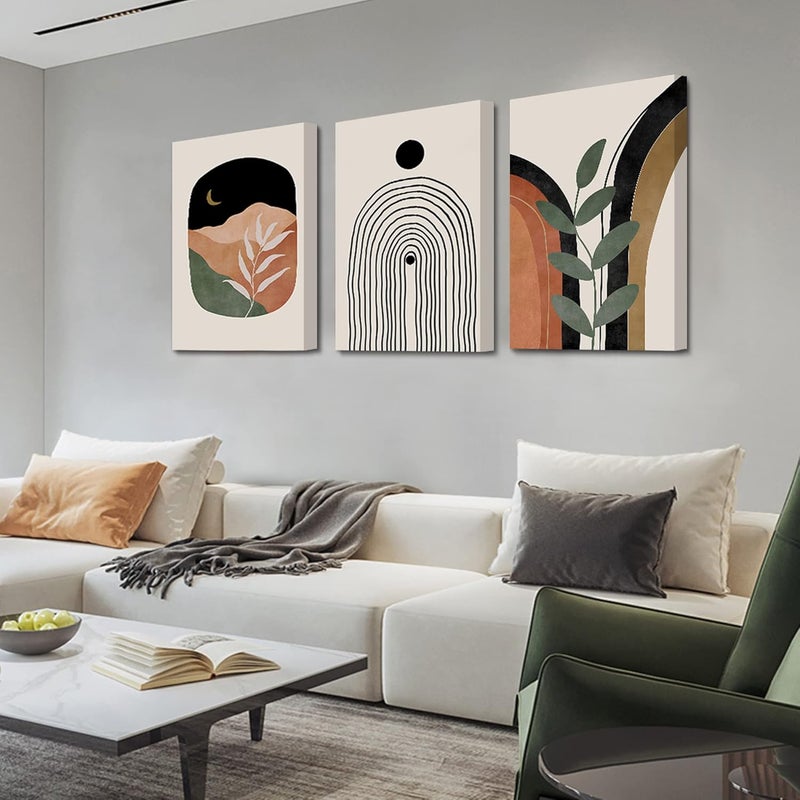 YongArt Boho Wall Art Prints Set of 3, Boho Wall Decor, Mid Century Modern Prints Sun Moon Leaf Mountain Canvas Wall Painting, Neutral Abstract Geometric Prints Canvas Artwork Prints for Bedroom Bathroom - Image 2