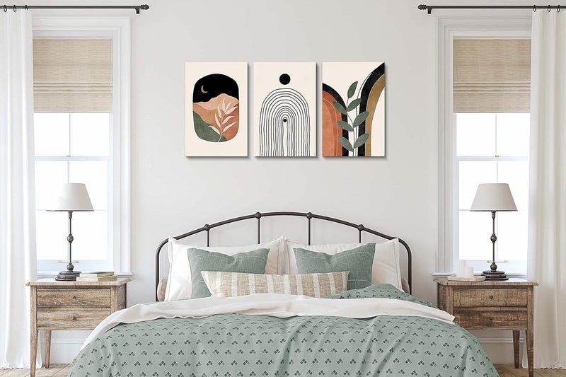 YongArt Boho Wall Art Prints Set of 3, Boho Wall Decor, Mid Century Modern Prints Sun Moon Leaf Mountain Canvas Wall Painting, Neutral Abstract Geometric Prints Canvas Artwork Prints for Bedroom Bathroom - Image 5