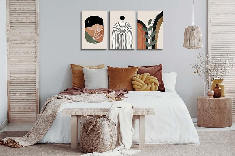 YongArt Boho Wall Art Prints Set of 3, Boho Wall Decor, Mid Century Modern Prints Sun Moon Leaf Mountain Canvas Wall Painting, Neutral Abstract Geometric Prints Canvas Artwork Prints for Bedroom Bathroom - Image 4