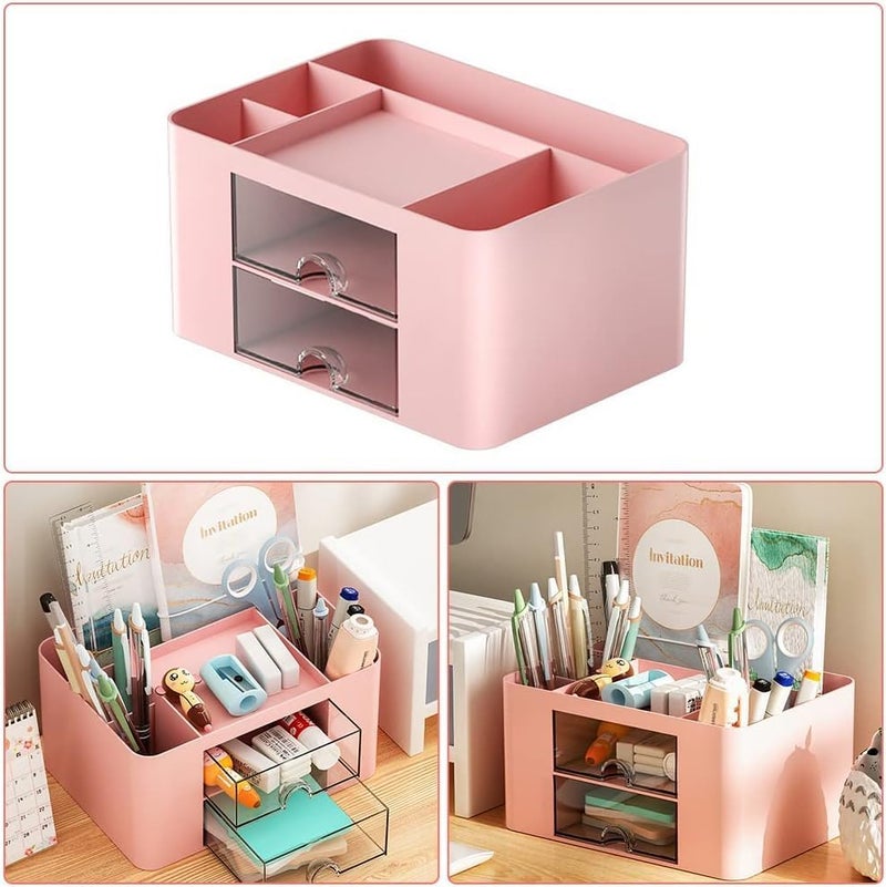 Recluse Modern Desk Organiser Pink for Girls Compact Desk Tidy Organiser with 2 Drawers Stationary Storage Organiser Large Capacity Desktop Pen Pencil Holder Cute Table Decor for School Home Office - Image 5