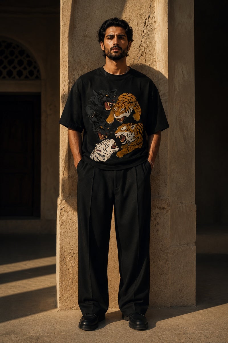 Men's Oversized Black Tiger Graphic T-Shirt Casual Short Sleeve Crew Neck Streetwear Tee - Image 2