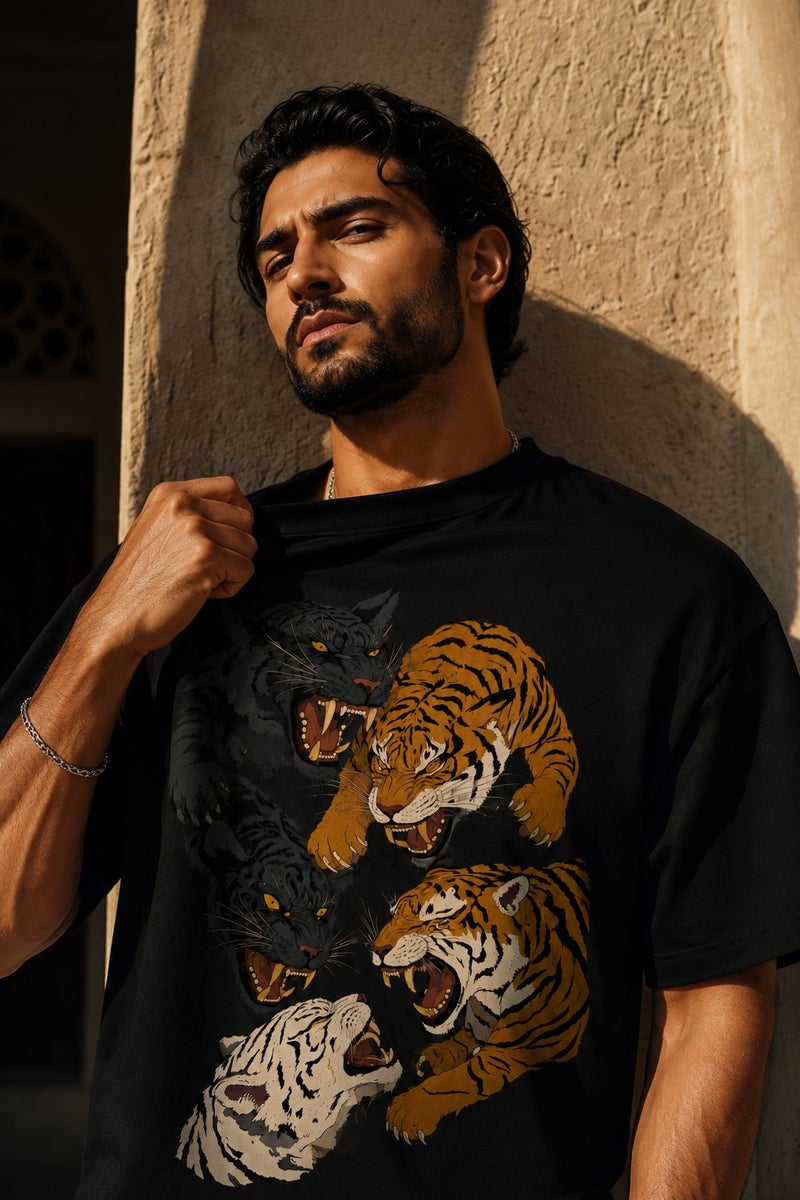 Men's Oversized Black Tiger Graphic T-Shirt Casual Short Sleeve Crew Neck Streetwear Tee - Image 5