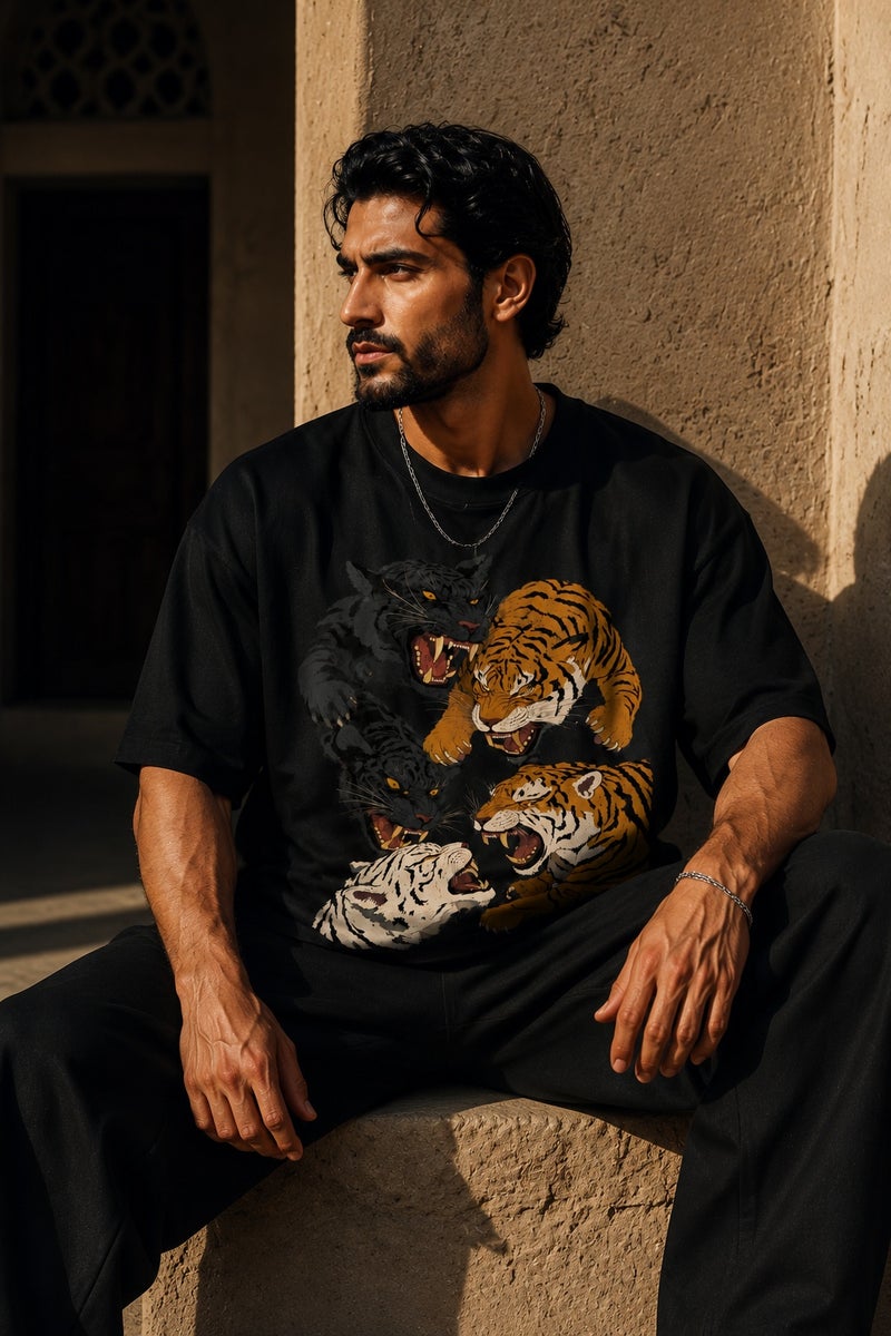 Men's Oversized Black Tiger Graphic T-Shirt Casual Short Sleeve Crew Neck Streetwear Tee - Image 4