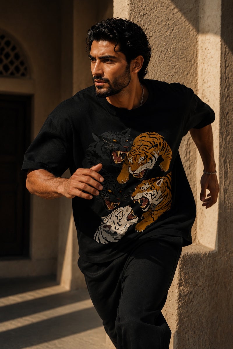 Men's Oversized Black Tiger Graphic T-Shirt Casual Short Sleeve Crew Neck Streetwear Tee - Image 3
