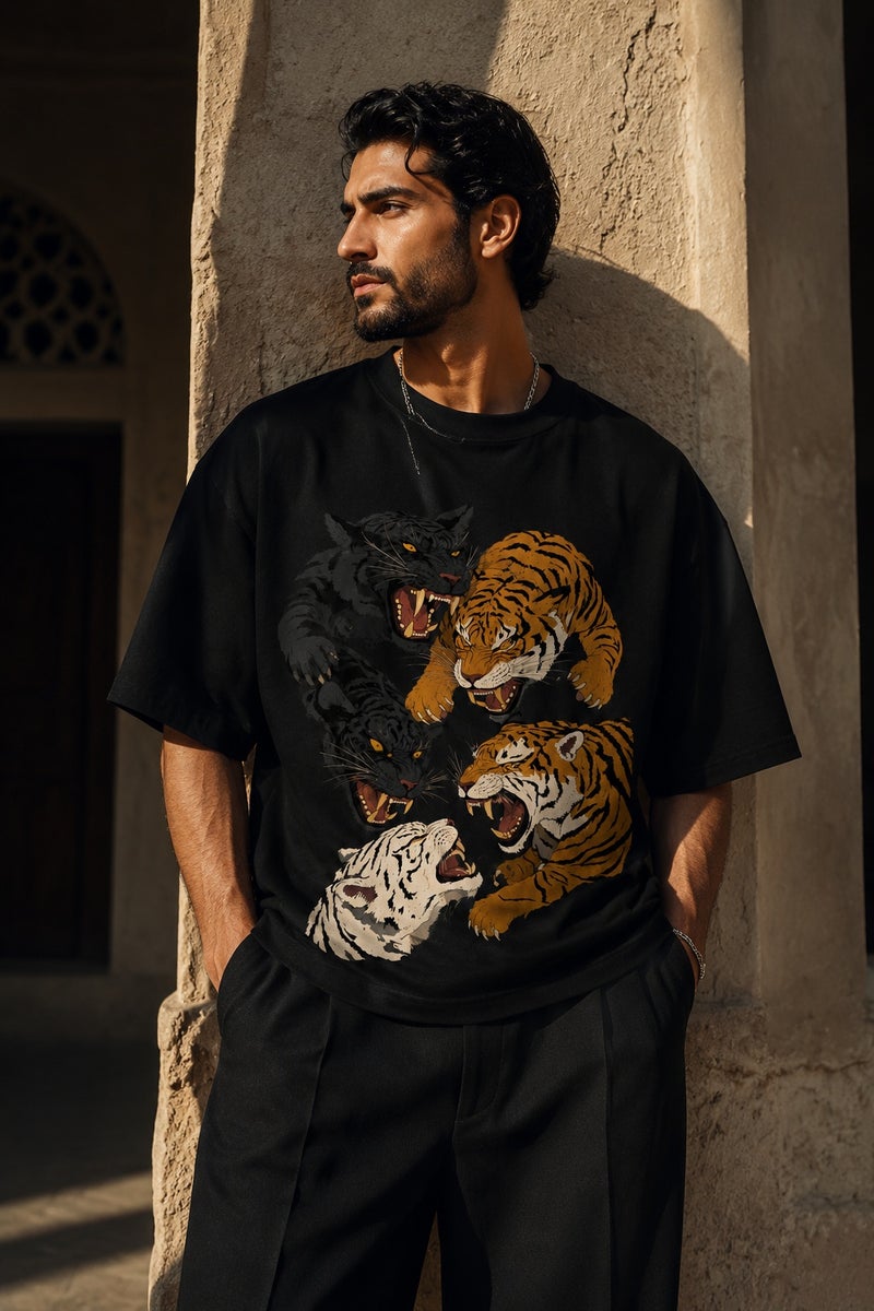 Men's Oversized Black Tiger Graphic T-Shirt Casual Short Sleeve Crew Neck Streetwear Tee - Image 1