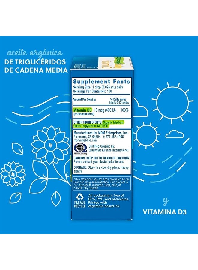 Mommy's Bliss قطرات فيتامين د العضوية للأطفال | تعزز النمو الصحي وتطور العظام | العمر حديثي الولادة+ | 0.11 أونصة سائلة (100 حصة) - Image 2