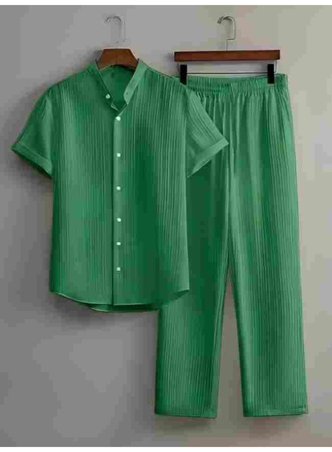 Men's Casual Multi-Color Beachwear Bamboo Wrinkled Short-Sleeved Suit Two-Piece Set