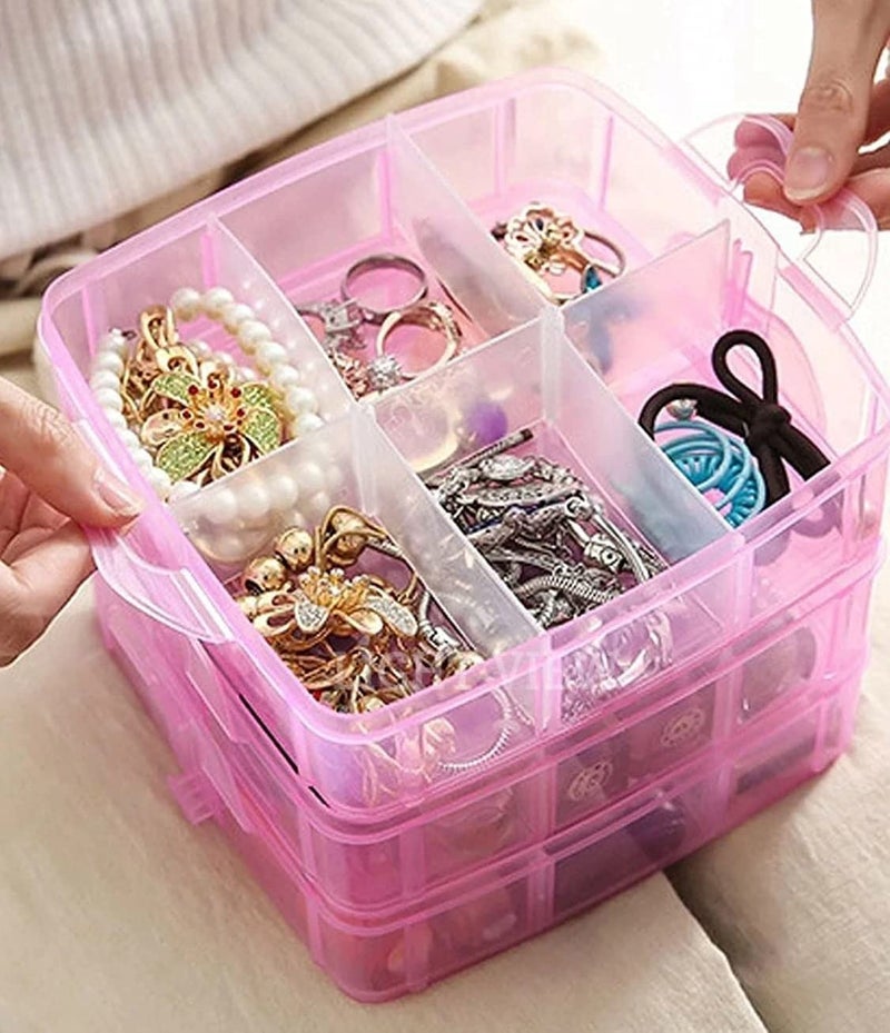 RUSHIL WERE 18 Grid Square Storage Box | 3 Layer | Free 1 Cable Spiral | With Removal Dividers | Detachable | For Jewelry, Craft Beads, Buttons Organizer | Plastic | Pink | 16 x 11 x 14 cm - Image 2