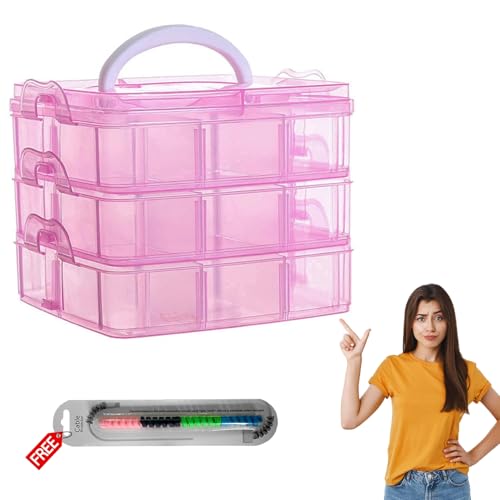 RUSHIL WERE 18 Grid Square Storage Box | 3 Layer | Free 1 Cable Spiral | With Removal Dividers | Detachable | For Jewelry, Craft Beads, Buttons Organizer | Plastic | Pink | 16 x 11 x 14 cm - Image 1