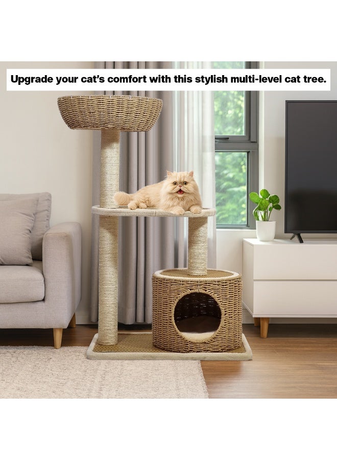 NNC PETS Multi-level cat tree for Indoor cats & kittens, Modern cat tower with Handwoven seagrass basket perch, Cozy Condo, and Sisal Scratching Posts, Easy to assemble, 95 cm (Beige) - Image 5