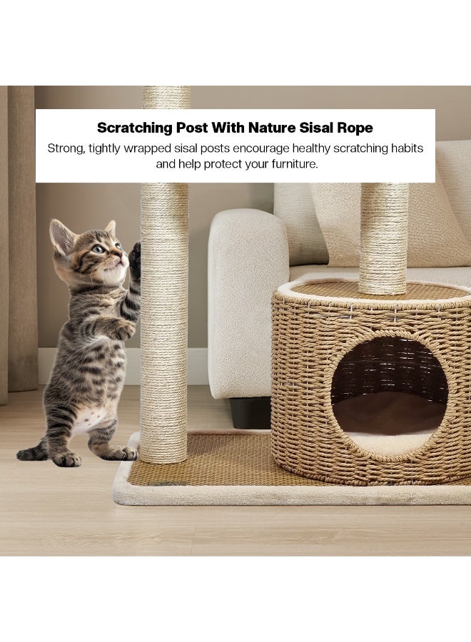 NNC PETS Multi-level cat tree for Indoor cats & kittens, Modern cat tower with Handwoven seagrass basket perch, Cozy Condo, and Sisal Scratching Posts, Easy to assemble, 95 cm (Beige) - Image 4