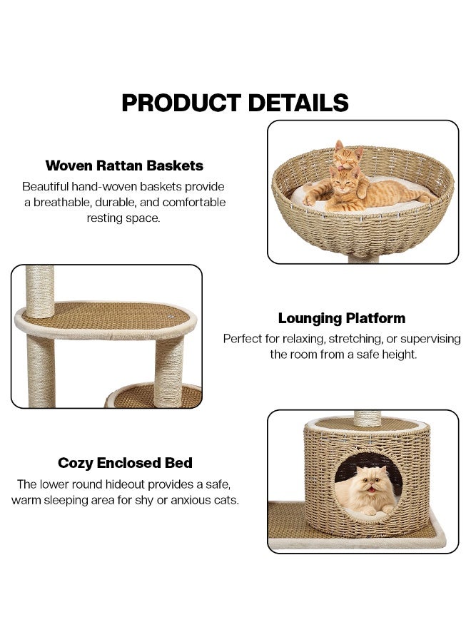 NNC PETS Multi-level cat tree for Indoor cats & kittens, Modern cat tower with Handwoven seagrass basket perch, Cozy Condo, and Sisal Scratching Posts, Easy to assemble, 95 cm (Beige) - Image 3