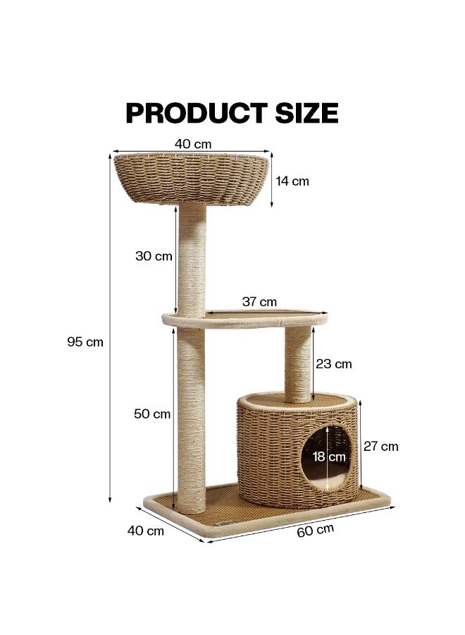 NNC PETS Multi-level cat tree for Indoor cats & kittens, Modern cat tower with Handwoven seagrass basket perch, Cozy Condo, and Sisal Scratching Posts, Easy to assemble, 95 cm (Beige) - Image 2